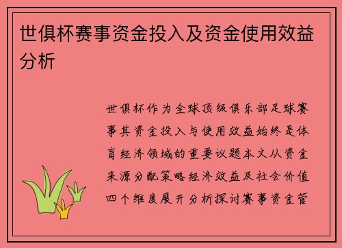 世俱杯赛事资金投入及资金使用效益分析