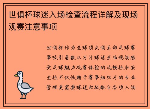 世俱杯球迷入场检查流程详解及现场观赛注意事项
