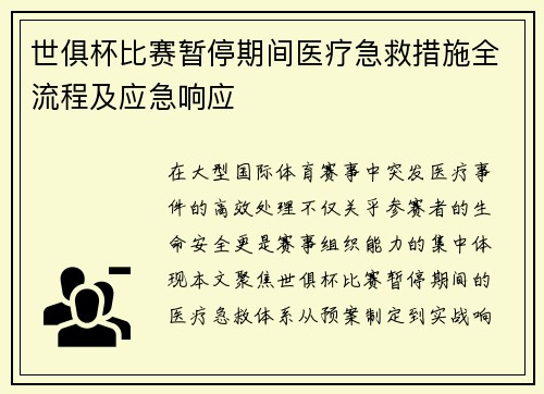 世俱杯比赛暂停期间医疗急救措施全流程及应急响应
